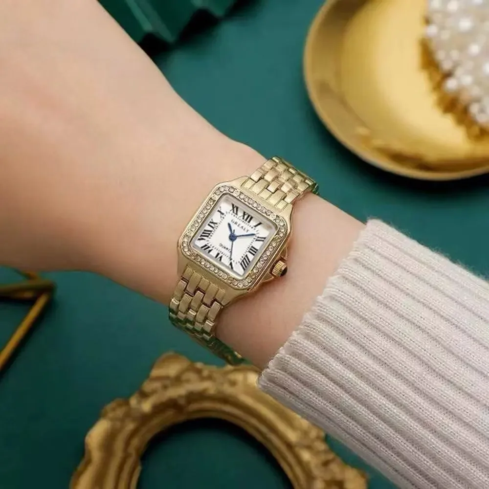 Luxury Gold Plated Zircon Square Quartz Watch